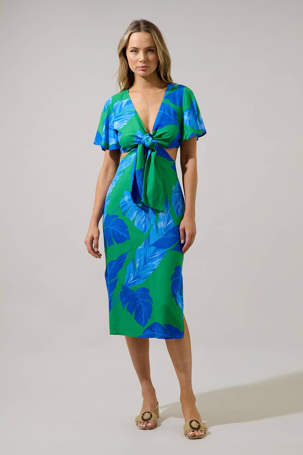 The Molly “Front Tropical Tie Midi Dress”